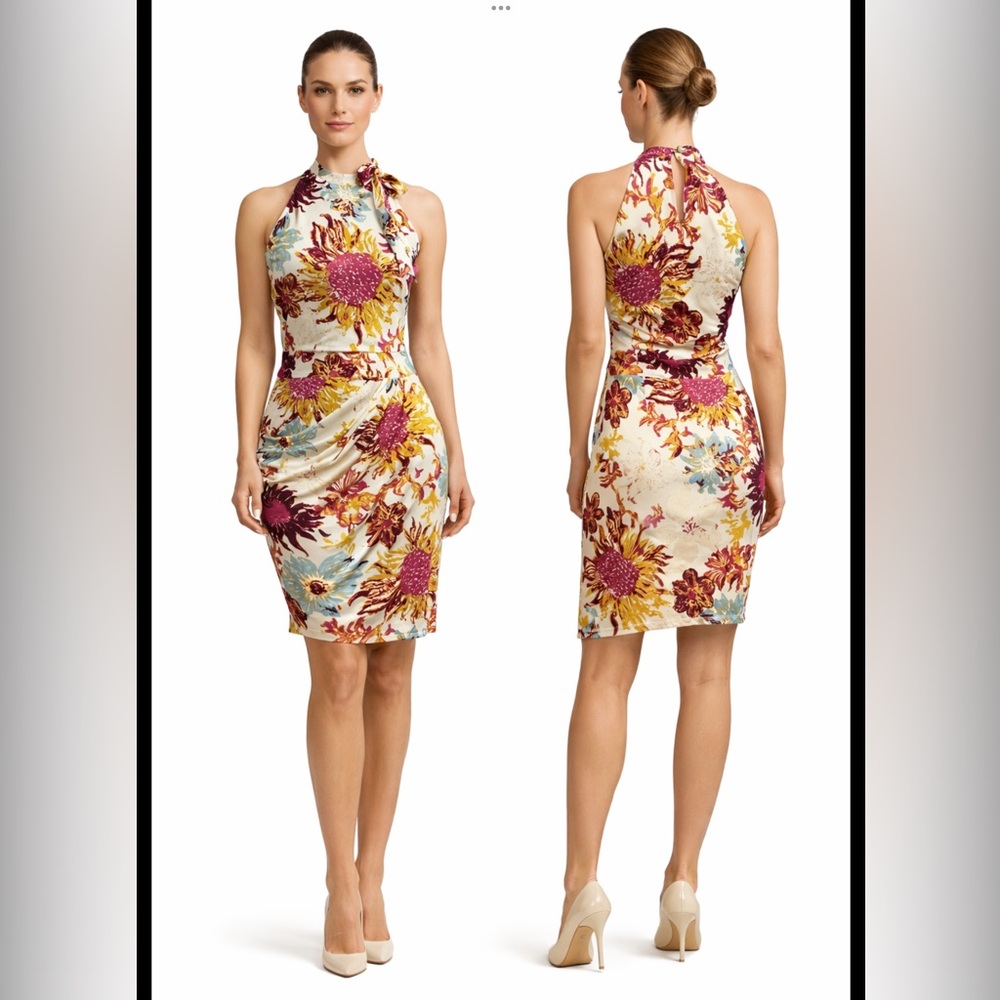 AVIRATÉ FLORAL HALTER NECK STRETCH DRESS WITH‎ SIDE DRAPE.COLORFUL SIZE 6
